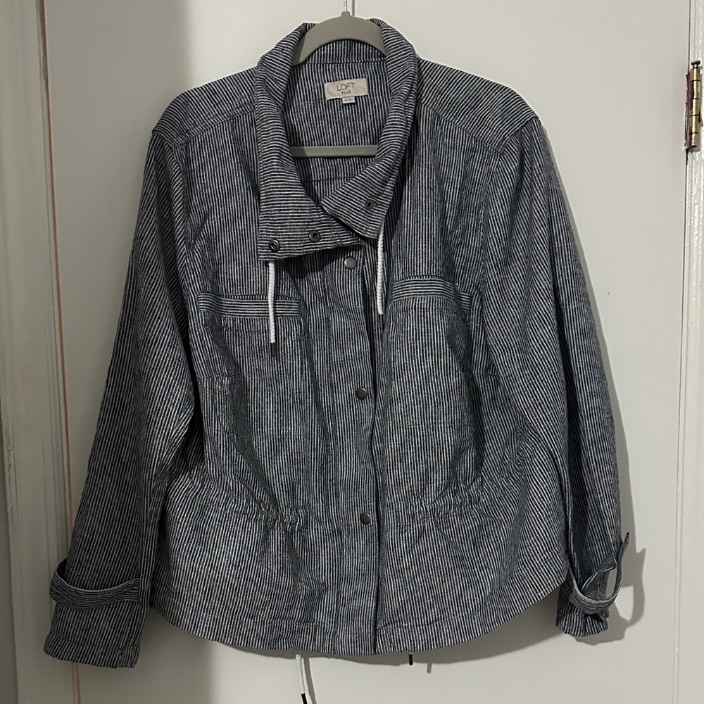 LOFT Plus Women's Charcoal and White Striped Linen/Cotton Blend Utility Jacket